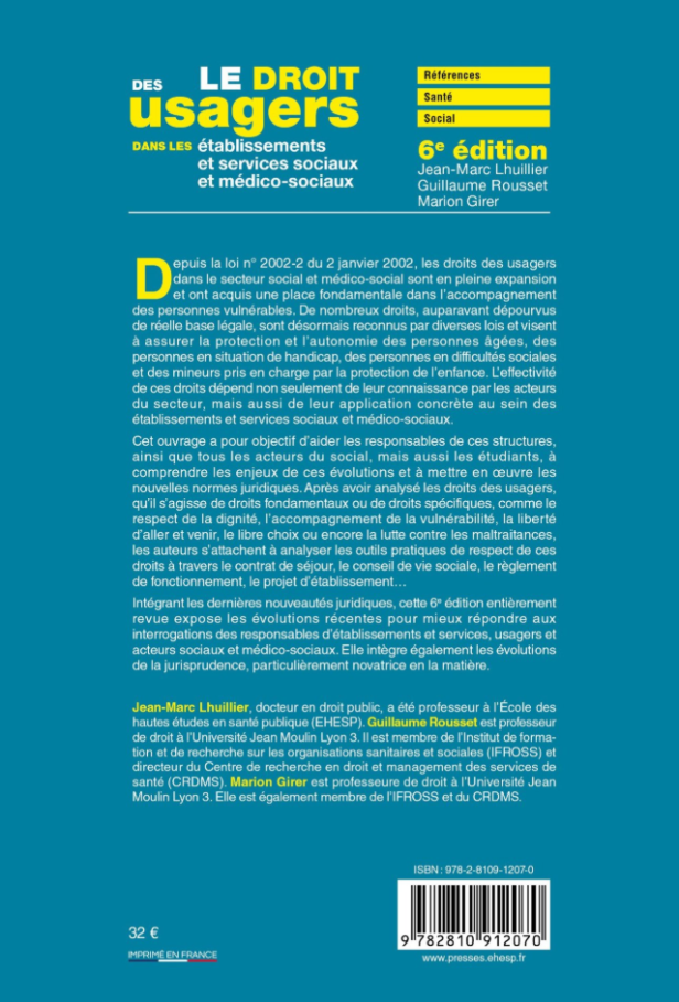 Le droit des usagers dans les établisemnts et services sociaux et médico-sociaux 4ème de couverture
