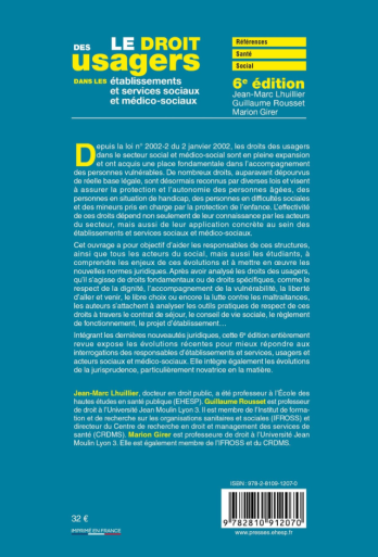 Le droit des usagers dans les établisemnts et services sociaux et médico-sociaux 4ème de couverture